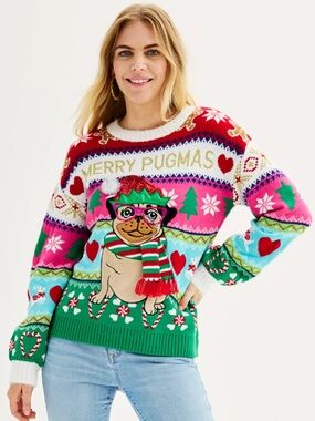 Christmas Holiday Pugmas Sweater Long Sleeves Knit Pug Dog Size Medium